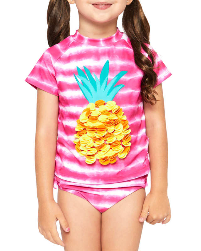 Girl's Pineapple Striped Tie-Dye Rashguard and Swimsuit Set, Size 2T-6X
